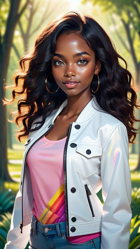 4n1v3rs3, a woman with long, curly brown hair stands in front of a group of trees, her black skin gleaming in the sunlight. She wears a sleek white jacket and jeans, full color, highly complex, colorful, vivid colors, professional creative, aesthetic