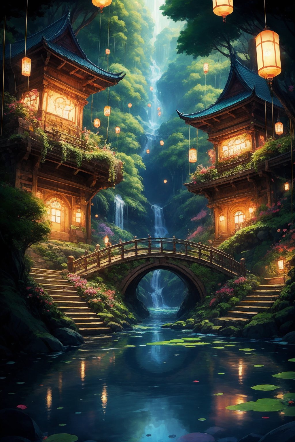 Floating lanterns,winding paths,colorful buildings,lush green plants,hidden waterfallsand magical creatures roam around,QHCZ 