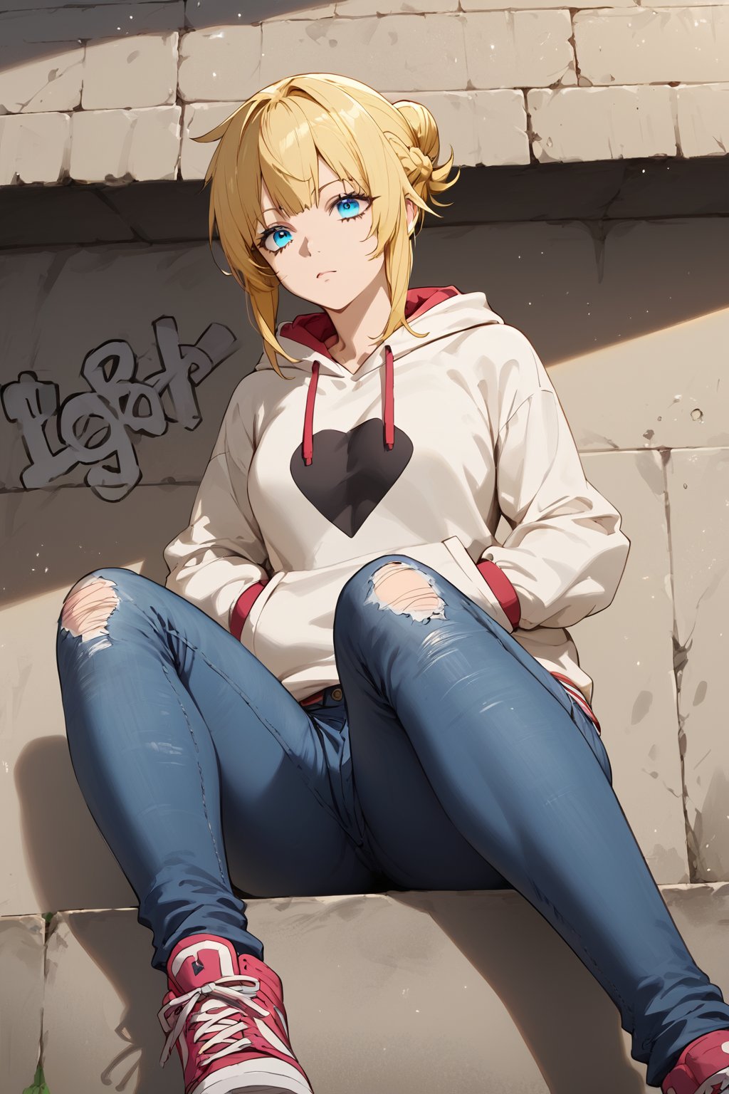 score_9, score_8_up, score_7_up, source_anime, masterpiece, high detailed,very aesthetic, ritto, 1girl, blonde hair, blue eyes, single hair bun, braid, detailed gorgeous eyes, perfect face, detailed face, street-style girl, sitting, confident pose, under bridge, graffiti art, urban setting, hoodie, ripped jeans, sneakers, vibrant colors, expressive graffiti, shadows, natural lighting, BREAK, relaxed expression, hands in pockets, cool demeanor, wind-blown hair, cinematic, dusk, from_below<lora:ritto auti 901 1:0.6> <lora:Sagawa:0.6>