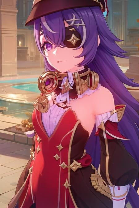 chevreuse, <lora:genshin chevreuse ingame-lora-nochekaiser:1>,chevreuse, long hair, bangs, hair between eyes, (purple eyes:1.1), purple hair, (eyepatch:1.5),BREAK gloves, hat, dress, bare shoulders, detached sleeves,BREAK outdoors,BREAK looking at viewer, (cowboy shot:1.5),BREAK <lyco:GoodHands-beta2:1>, (masterpiece:1.2), best quality, high resolution, unity 8k wallpaper, (illustration:0.8), (beautiful detailed eyes:1.6), extremely detailed face, perfect lighting, extremely detailed CG, (perfect hands, perfect anatomy),