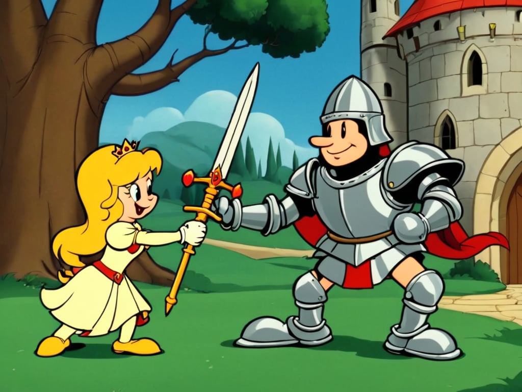 (rubber_hose_character:1.1) <lora:RubberHose_Characters_SDXL_v1:1.3>,cartoon, medieval princess and a knight in armor