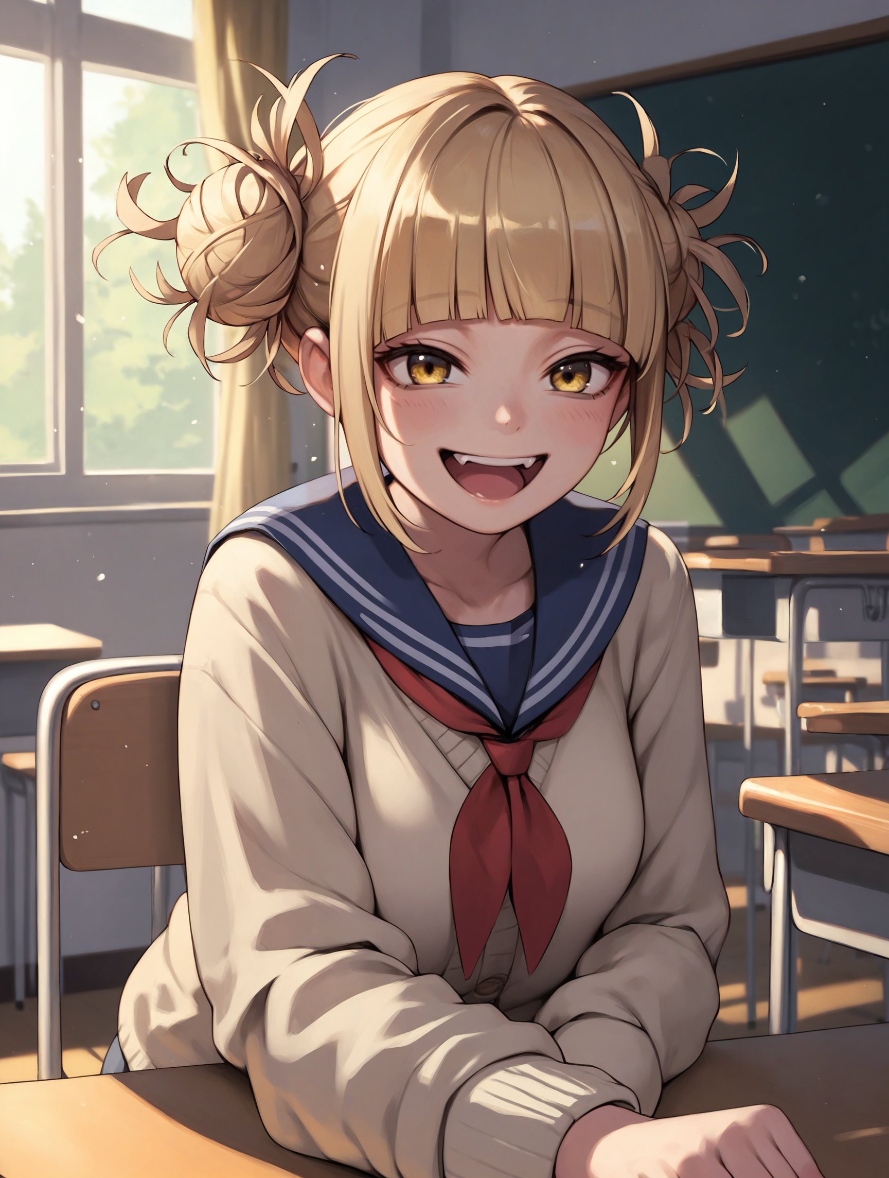 score_9, score_8_up, score_7_up, score_6_up,source_Anime, 1girl, h1m1k0t0g4, yellow eyes, short hair, blunt bangs, hair bun, messy hair, smile, open mouth, fang, medium breast, serafuku, cardigan, blue sailor collar, bottomless, sitting,  in a classroom,  <lora:HimikoTogaByJuninholara21:0.8>