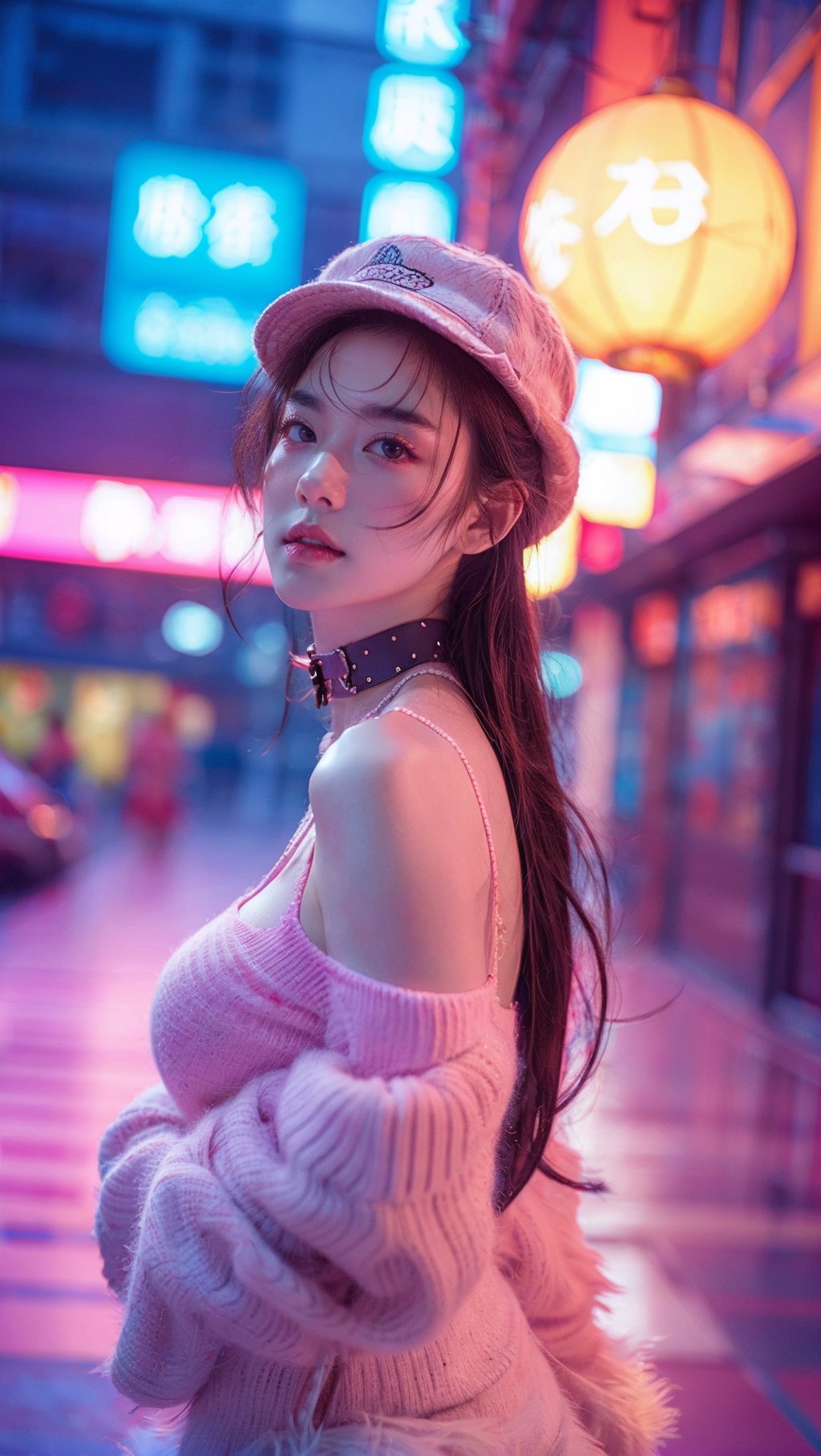 sdmai，fenfen, 1girl, neon lights, realistic, solo, hat, long hair, breasts, blurry, brown hair, looking at viewer, lips, blurry background, choker, bare shoulders <lora:SDMAI粉粉fenfen:0.7>