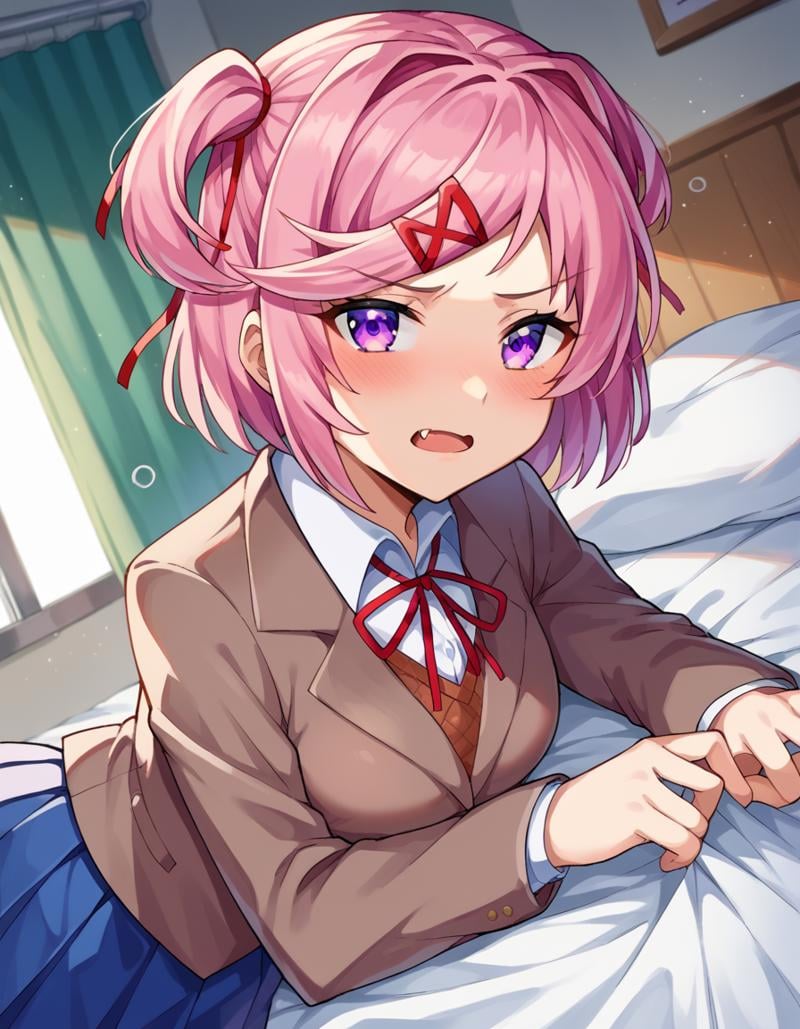 score_9, score_8_up, score_7_up, source_anime,ddlcnatsuki, <lora:ddlc-natsuki-ponyxl-lora-nochekaiser:1>ddlcnatsuki, fang, hair ornament, pink hair, purple eyes, short hair, short sidetail, swept bangs, x hair ornament,blazer, blue skirt, brown jacket, collared shirt, jacket, long sleeves, miniskirt, neck ribbon, pleated skirt, red ribbon, ribbon, school uniform, shirt, skirt, swept bangs, vest, white shirt, wing collar, x hair ornament,indoors, bed, bed room, on side, blush, drunk,looking at viewer, dutch angle, cowboy shot, 