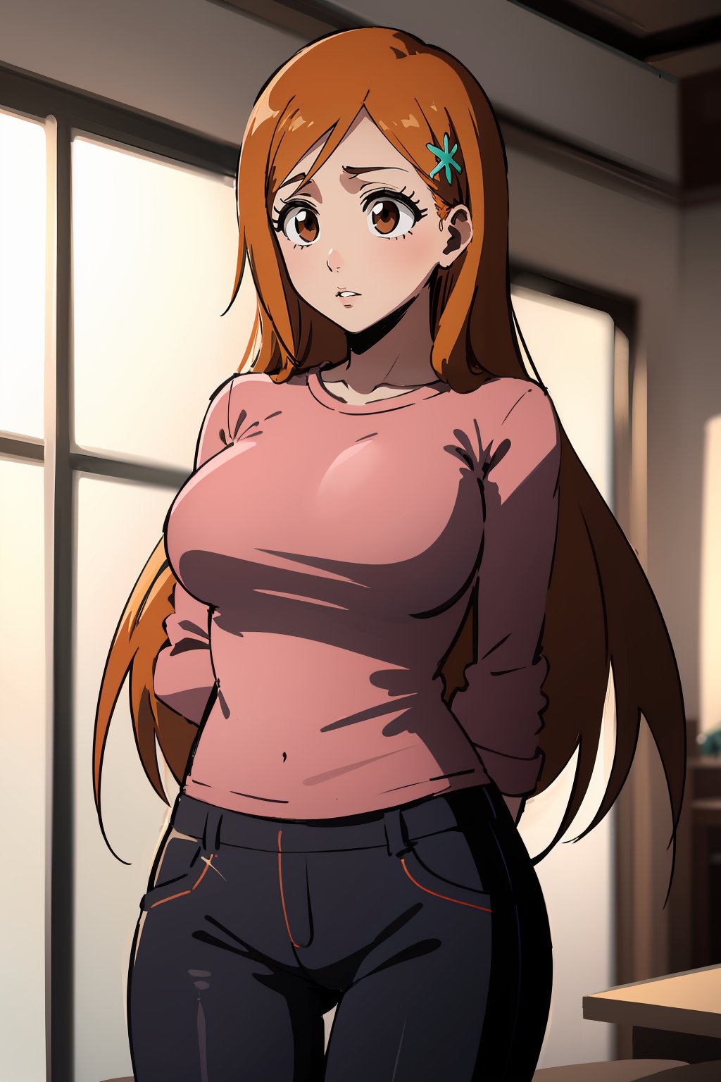 masterpiece,high quality,highres,1girl,solo,large breasts,<lora:orihime-v4-wasabiya:1>,orihime,hair ornament,orange hair,long hair,brown eyes,pink shirt,pants,arms behind back,