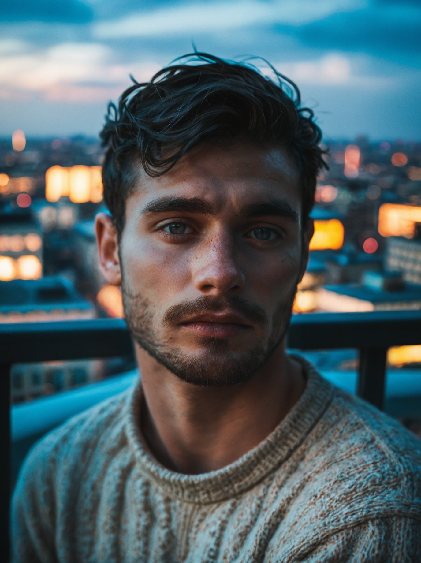 score_9, score_8_up,score_7_up, realistic, closeup photo of a man wearing fitted sweater, facial hair, blurred city skyline, urban rooftop, twilight, natural light, city lights, subtle backdrop, intense and introspective mood, skin texture, modern (rugged:0.4) aesthetic, thoughtful expression, cropped torso, under dramatic edge lighting, triangular composition, shot on a Sony A7III