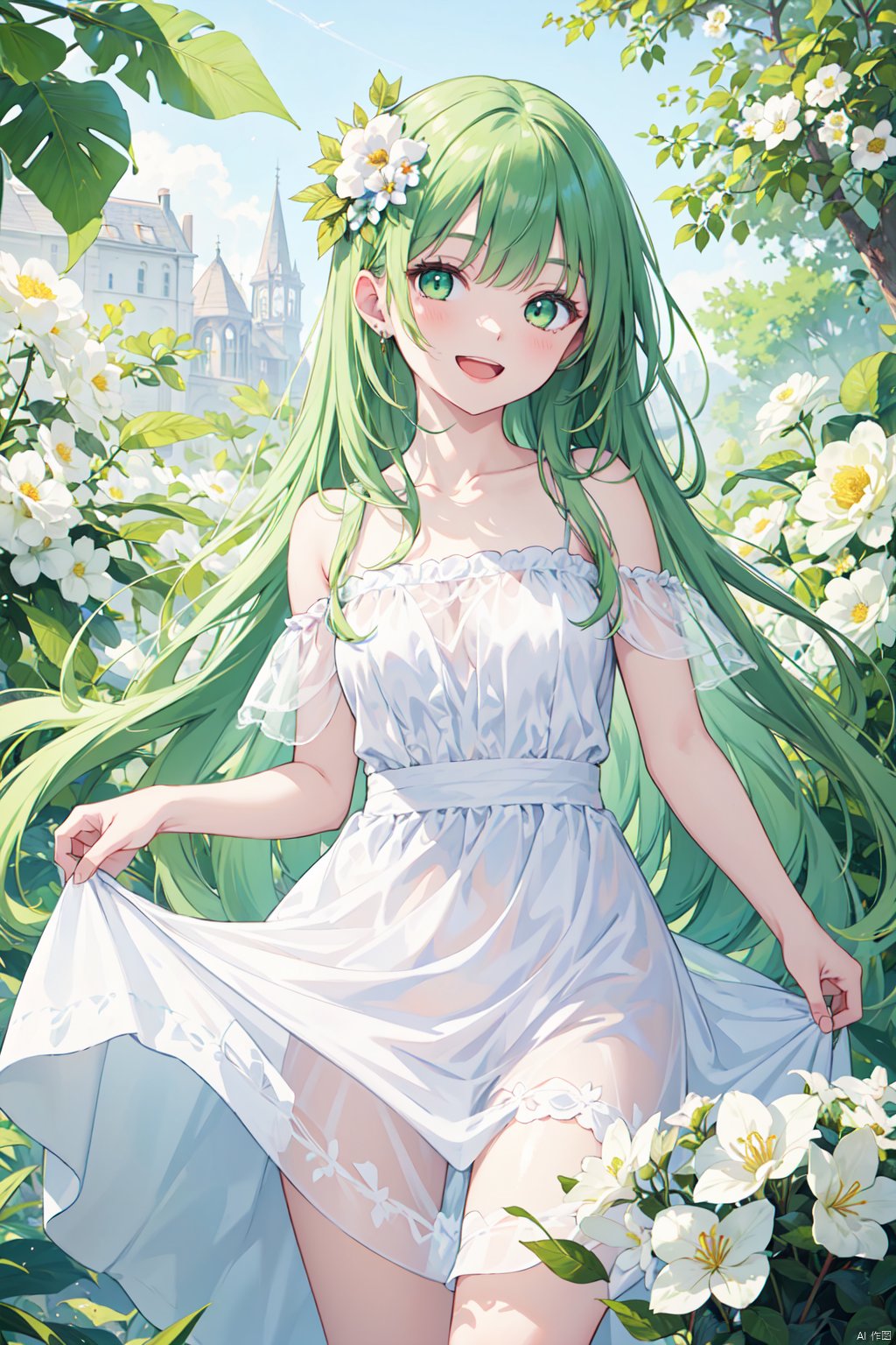 (best quality),(masterpiece),1girl, flower,white dress, solo, green hair, long hair, smile, open mouth, looking at viewer, bangs, white flower, green eyes