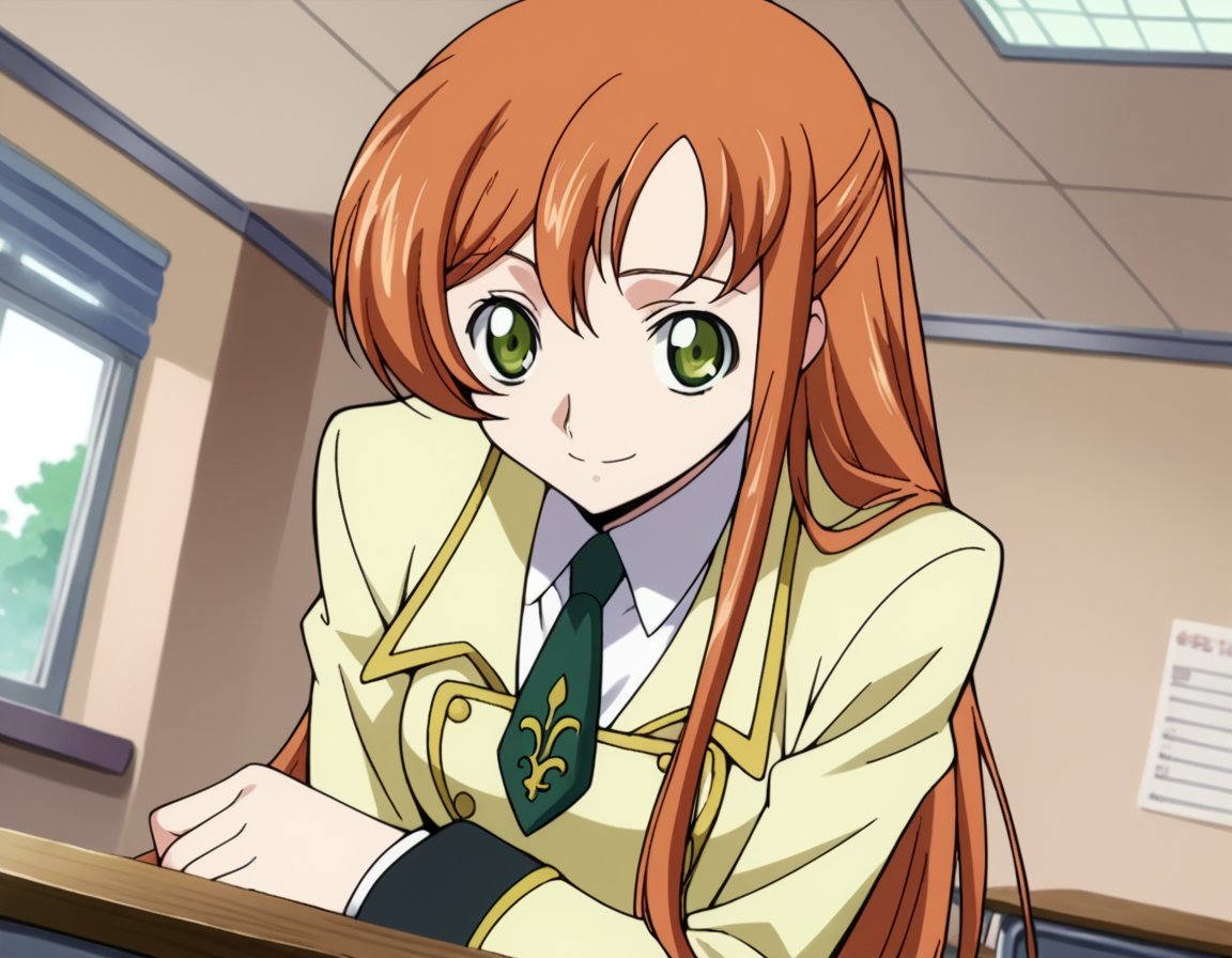 score_9, score_8_up, score_7_up, source_anime,shirleyfenette, <lora:shirley-fenette-s1-ponyxl-lora-nochekaiser:1>,shirley fenette, orange hair, green eyes, half updo, long hair,ashford academy school uniform, buttons, long sleeves, necktie, school uniform, skirt, black skirt,indoors, classroom, smile, bent over,looking at viewer, dutch angle, cowboy shot, solo,