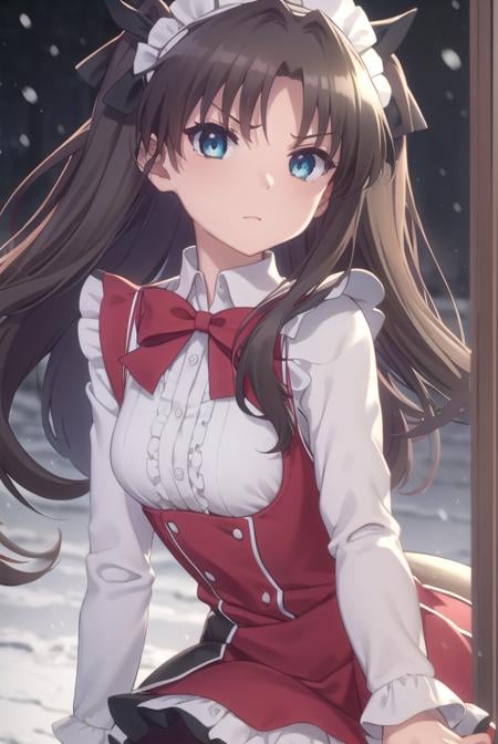 rintohsaka, <lora:rin tohsaka prisma s2s3-lora-nochekaiser:1>,rin tohsaka, long hair, black hair, two side up, aqua eyes, bow, hair bow,BREAK thighhighs, dress, frills, black thighhighs, zettai ryouiki, long sleeves, maid, maid headdress, red dress,BREAK outdoors, snow,BREAK looking at viewer, (cowboy shot:1.5), dynamic pose,BREAK <lyco:GoodHands-beta2:1>, (masterpiece:1.2), best quality, high resolution, unity 8k wallpaper, (illustration:0.8), (beautiful detailed eyes:1.6), extremely detailed face, perfect lighting, extremely detailed CG, (perfect hands, perfect anatomy),