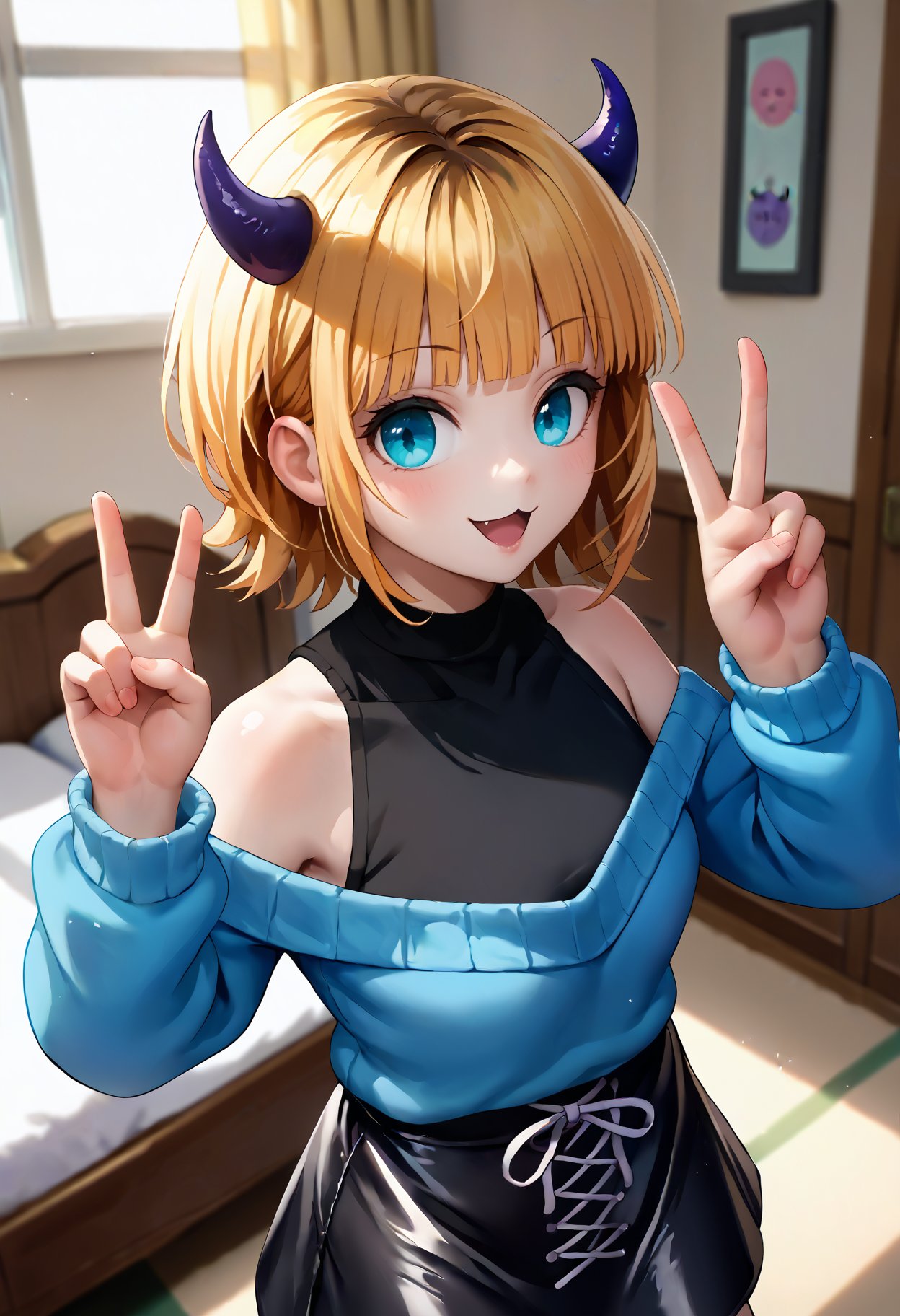 score_9, score_8_up, score_7_up, source_anime, solo, 1girl, mem-cho, :3, smile, open mouth, looking at you, standing, double v, fake horns, demon horns, blue sweater, off-shoulder sweater, long sleeves, black shirt, sleeveless shirt, cross-laced clothes, black skirt, bare shoulders, collarbone, indoors, bedroom<segment:yolo-face_yolov8m.pt,0.4,0.5>