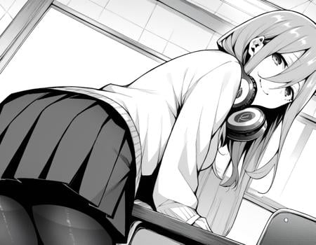 score_9, score_8_up, score_7_up, source_anime,mikunakano, <lora:miku-nakano-manga-ponyxl-lora-nochekaiser:1>,miku nakano, long hair, bangs, shirt, hair between eyes, headphones, headphones around neck, monochrome, greyscale,skirt, shirt, long sleeves, white shirt, pantyhose, pleated skirt, black pantyhose, cardigan,indoors, classroom, bent over, smile,looking at viewer, cowboy shot, dutch angle, solo, mature female,