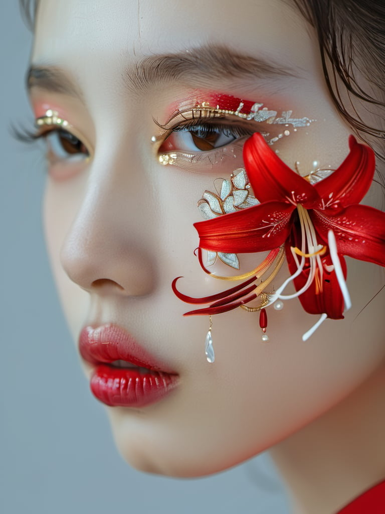 zhuangrong, 1girl, solo, jewelry, earrings, brown eyes, red lilies, portrait, close-up, makeup, red lips, looking at viewer, blurry, eyelashes, parted lips, brown hair, lips,<lora:xlgfzr:1>,