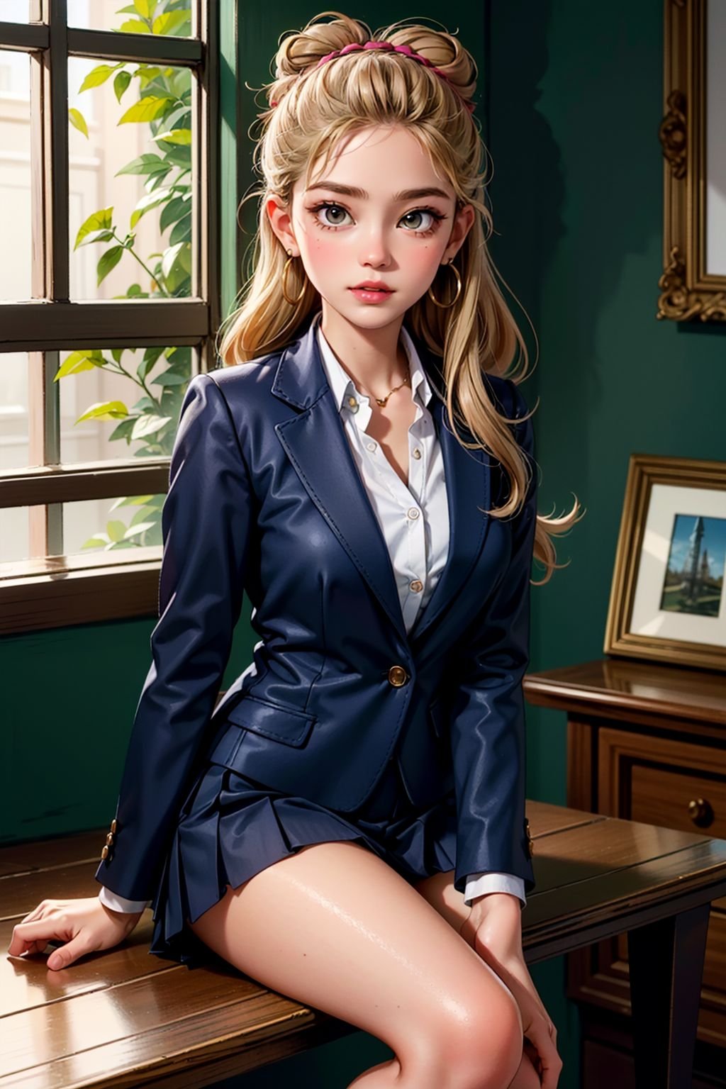 1girl, masterpiece, high quality, 8k, high resolution, perfect art, Navy blue blazer, white button-up shirt, red pleated skirt, knee-high socks, and leather loafers, Temptress, Tall, Fit, Round Face, Olive Skin, Honey Blonde Hair, hazel Eyes, Narrow Nose, Thick Lips, Round Chin, Long Hair, Thick Hair, Bun, saggy breasts, Faux gauge earrings, fuchsia metallic lipstick, Ivy League university campus