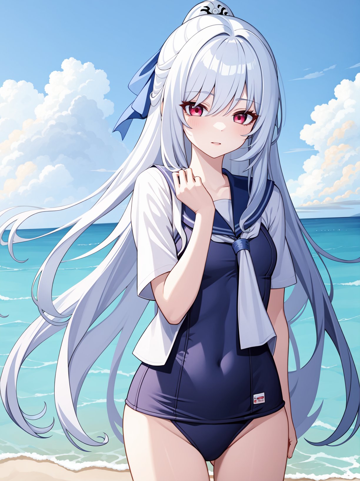 <lora:jingliu-000012:0.75>,jingliu,1girl,solo,long hair,red eyes,bangs,white hair,very long hair,school uniform,beach,school swimsuit,, 1girl,,  (masterpiece,best quality:1.2),absurdres