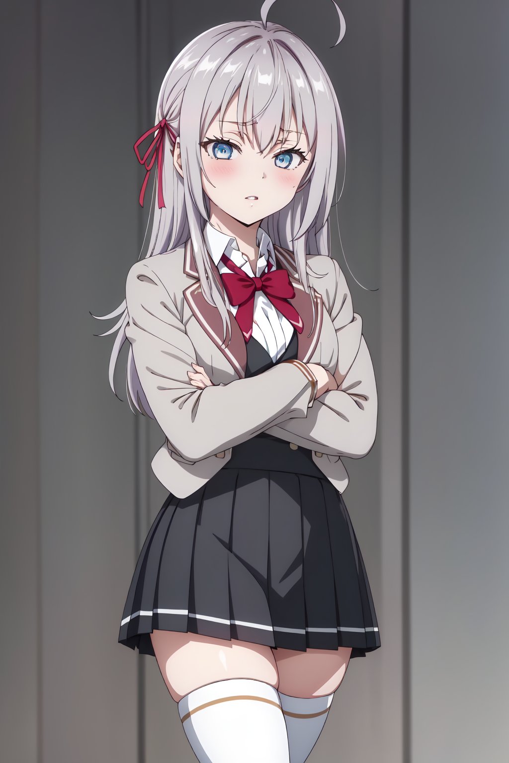 AlisaMikhailovna, 4k, absurd, high resolution, very high resolution, high definition, masterpiece, 1girl, solo, long hair, looking at viewer, blush, blue eyes, skirt, simple background, shirt, thighhighs, long sleeves, white background, bow, ribbon, school uniform, jacket, hair ribbon, white shirt, ahoge, grey hair, pleated skirt, parted lips, collared shirt, bowtie, black skirt, red bow, white thighhighs, zettai ryouiki, skindentation, crossed arms, blazer, grey jacket<lora:EMS-418017-EMS:0.800000>