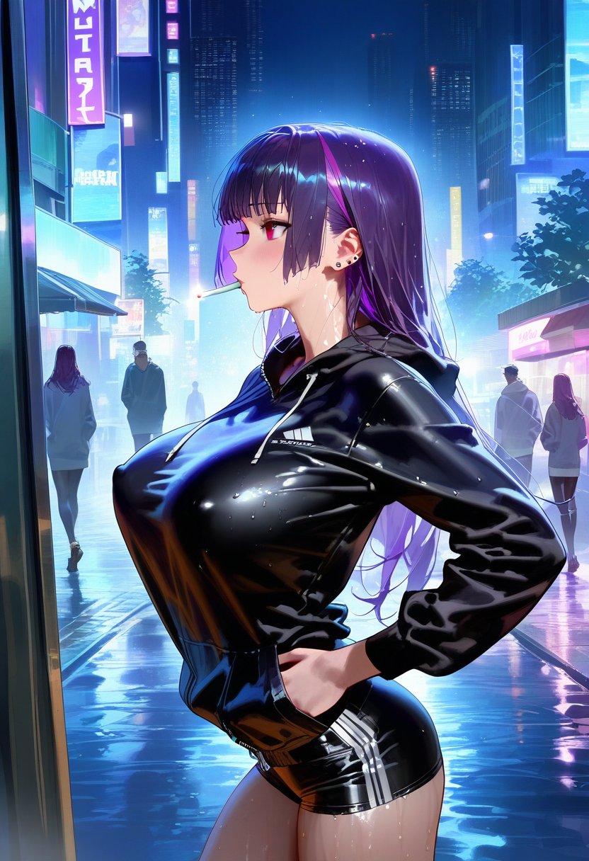 masterpiece, best quality, <lora:WHM 0.2v:1>, WHM,sexy attire, pose, arched back, 1girl, large breasts, leaning back lighting a cigarette, wet street, night, city lights, skyline, ear piercing, brown eyes, long hair, standing, unzipped hoodie, shorts, covered nipples, looking away, hime cut, black hair, purple hair, streaked hair, hand in pockets,