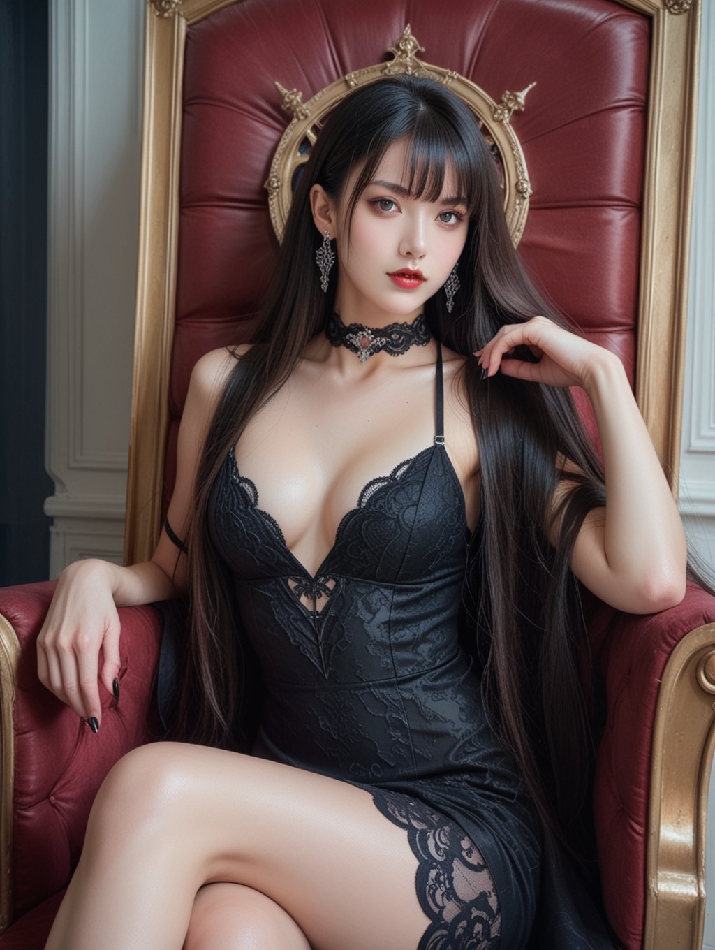 score_9, score_8_up, score_7_up,sexy female vampire, long hair with bangs, black lace choker, long earrings, realistic skin texture, detailed picture, sexy dress, HD32k, moonlight, sitting on ornate throne