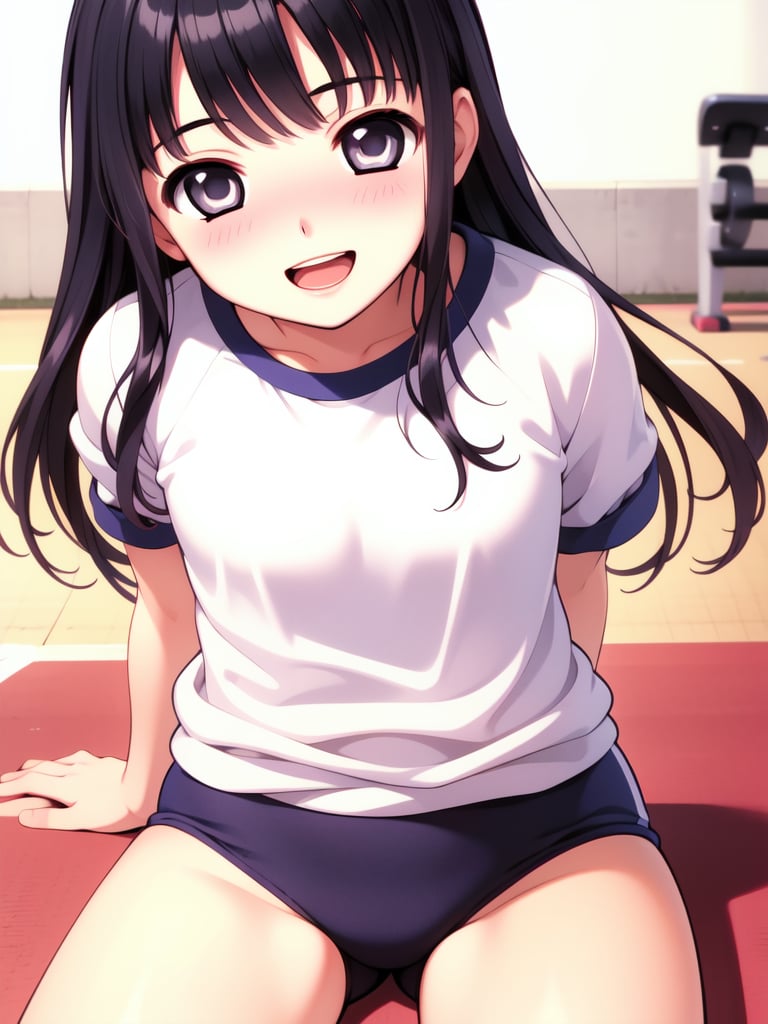 <lora:Tsutsumi_Kinuka:0.8>, TsutsumiKinuka, 1girl, solo, long hair, long hair, bangs, black hair, black eyes, buruma, blush, gym uniform, smile, open mouth, masterpiece, high quality, very_high_resolution, large_filesize, full color,