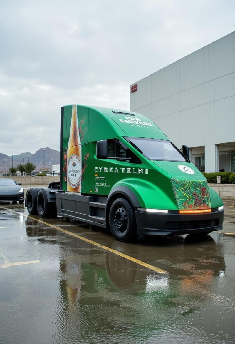 TOKKENEPA TOKTesla-Semi-shipped  a futuristic car in a desert-like environment with mountains in the background.The image is a black and white photograph of a piece of paper with the word "CYBERTRUCK" written in graffiti"TOKcerveza-Presidente  Tesla Semi futurist <lora:Aura_Flux-000010:1>,photography of a monk with lightning aura  "Generate an image of a green truck with the word 'Presidente' written on the side in bold white letters, with a large image of a frosty green bottle of Presidente Light beer extending from the back to the front of the truck. The bottle has a white label with red stripes, appearing cold and covered in frost. The truck is parked on the right side of a wet road, with trees and bushes lining both sides. In the distance, there's a car, and the sky is overcast, suggesting recent rain. This scene is styled like a product advertisement, focusing on the cold and refreshing appearance of the beer bottle against the green truck."in cyan subtitle text, it says 'Cyber-truck' with the same cyan glow. An old, rusted cybertruck is parked in front of a Tesla Supercharger, covered in colorful graffiti in shades of red, orange, yellow, and black, featuring the phrase 'Cyber-semitruck' in bold letters.  