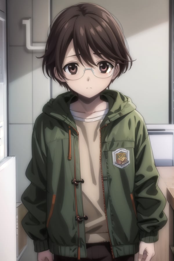 yuuashikaga, <lora:yuuki ashikaga-lora-nochekaiser:1>,yuuki ashikaga casual, brown hair, shirt, long sleeves, male focus, open clothes, socks, pants, hood, pillow, (brown eyes:1.5), short hair, (green jacket:1.5), glasses,BREAK ,BREAK indoors,BREAK looking at viewer, (cowboy shot:1.5),BREAK <lyco:GoodHands-beta2:1>, (masterpiece:1.2), best quality, high resolution, unity 8k wallpaper, (illustration:0.8), (beautiful detailed eyes:1.6), extremely detailed face, perfect lighting, extremely detailed CG, (perfect hands, perfect anatomy),