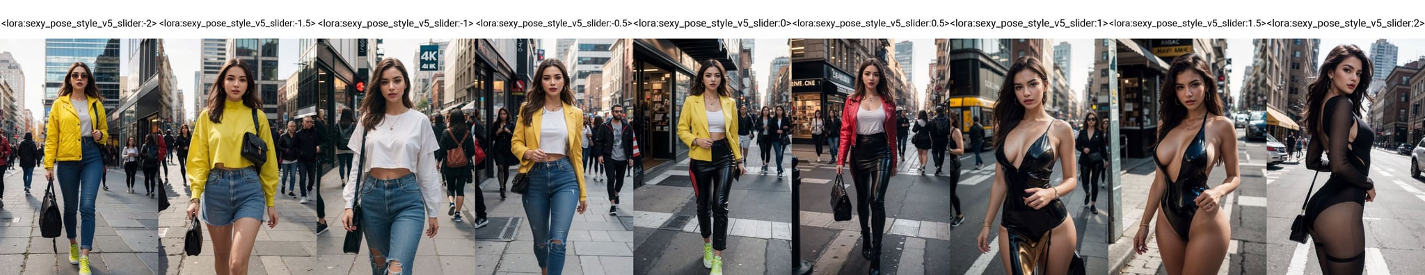 (best quality,4k,8k,highres,masterpiece:1.2),ultra-detailed,(realistic,photorealistic,photo-realistic:1.37), woman, street fashion, vibrant colors, urban setting, dynamic lighting, stylish outfit, confident expression, fashionable accessories, bustling cityscape, busy pedestrians, modern architecture <lora:sexy_pose_style_v5_slider:-2>