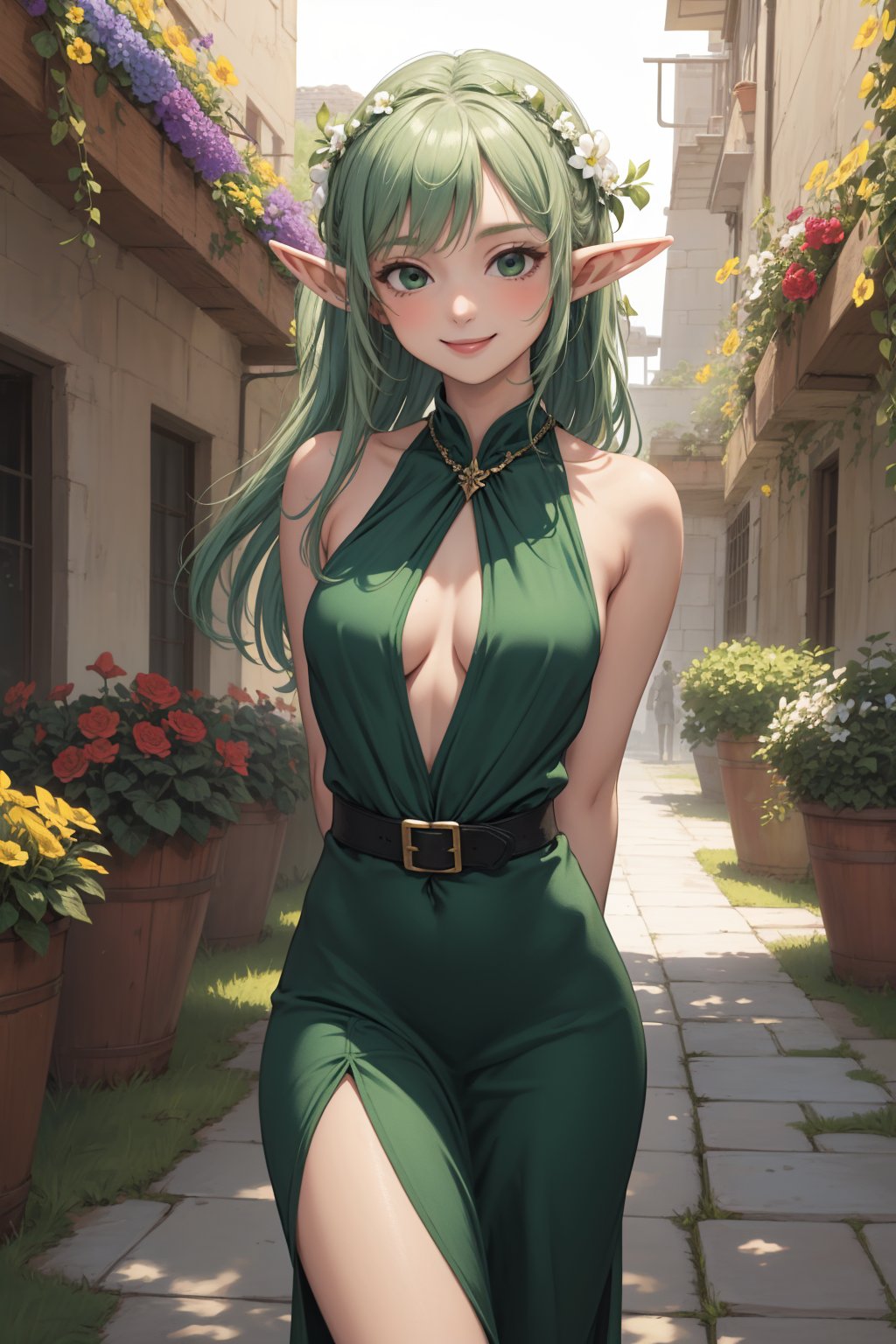 masterpiece, best quality, 1girl, courtyard, flowers, vineyard, elf, long green silk dress, (thighs:1.1), smile, arms behind back,