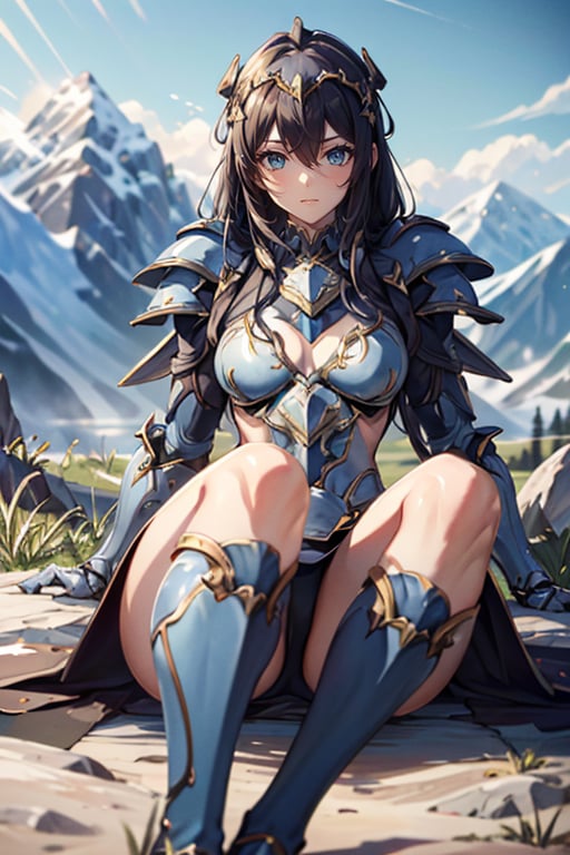 <lora:HXarmour_034:0.7>,mountain,Sitting with hands around ankles, hxarmour,1girl,(blue armour:1.3),