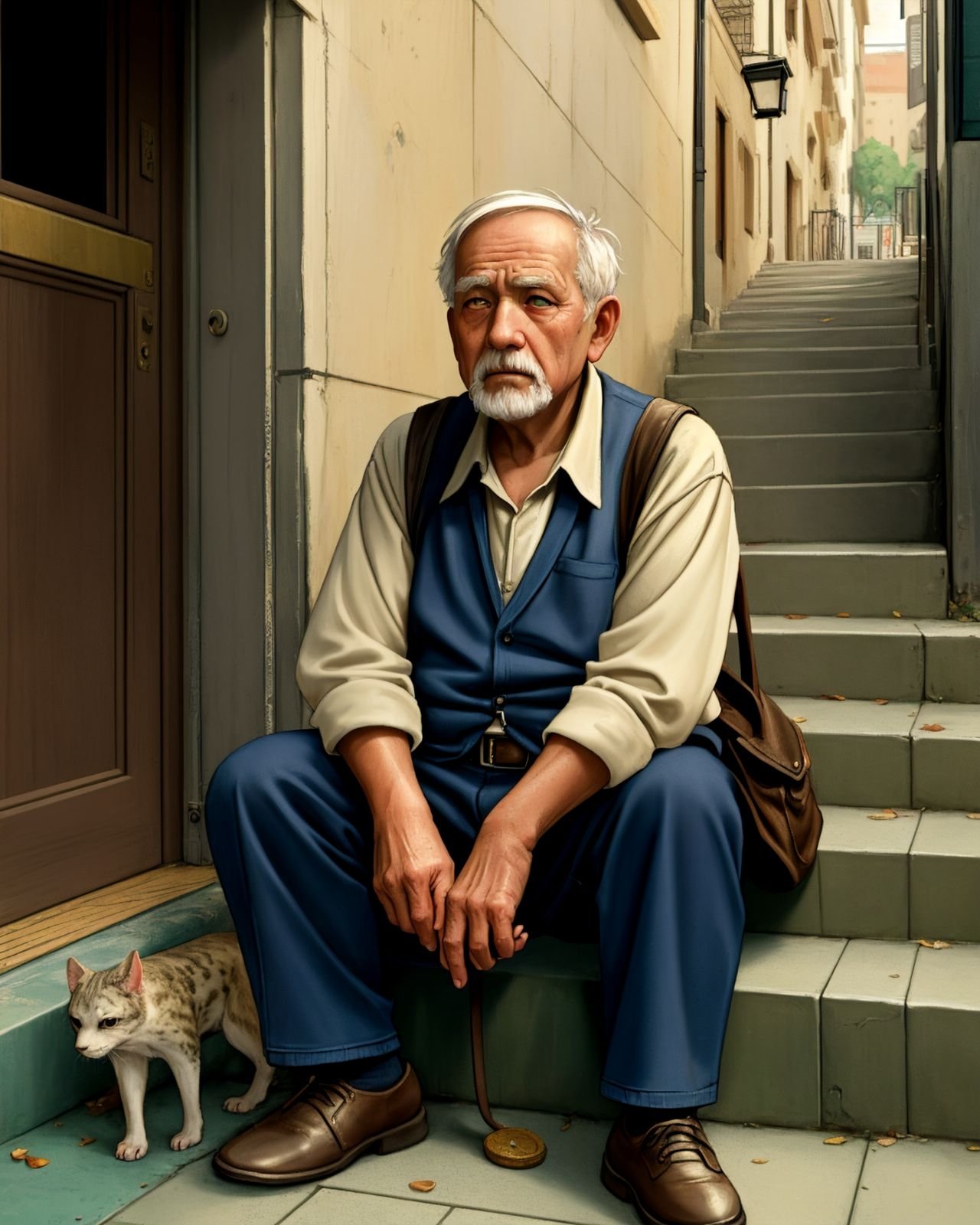 painting, art, solo, 1boy, very old man on the street, older, sitting on a stair step, feeding a cat, blind, white eyes, tired, poor, sad, dramatic, best quality, high detailed, masterpiece, 8k, elaborate,