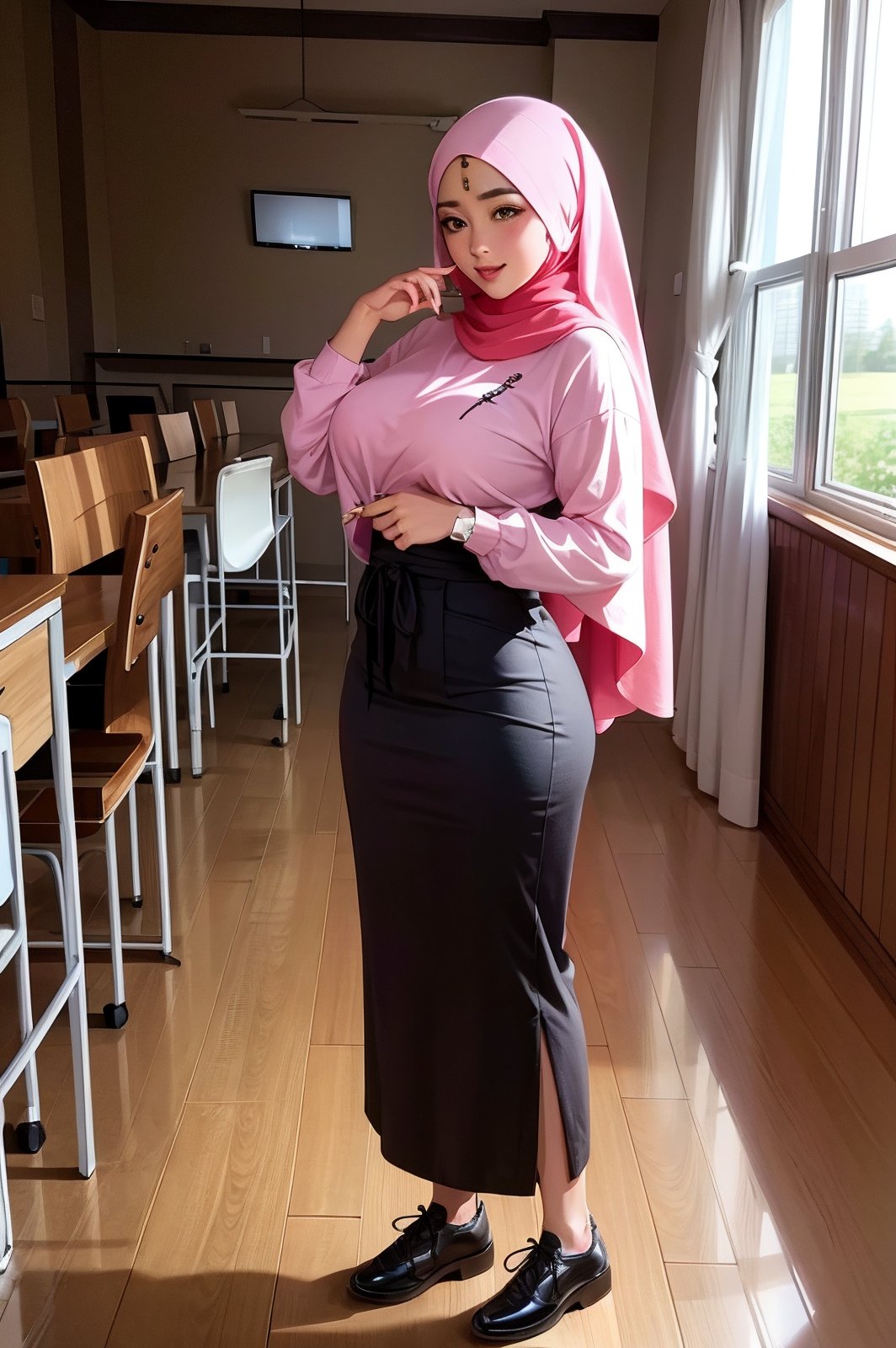 1girl, hijab, hijabergo, closeup,  in classroom, big ass, natural breast, beautiful face,  <lora:hijabergo:1>