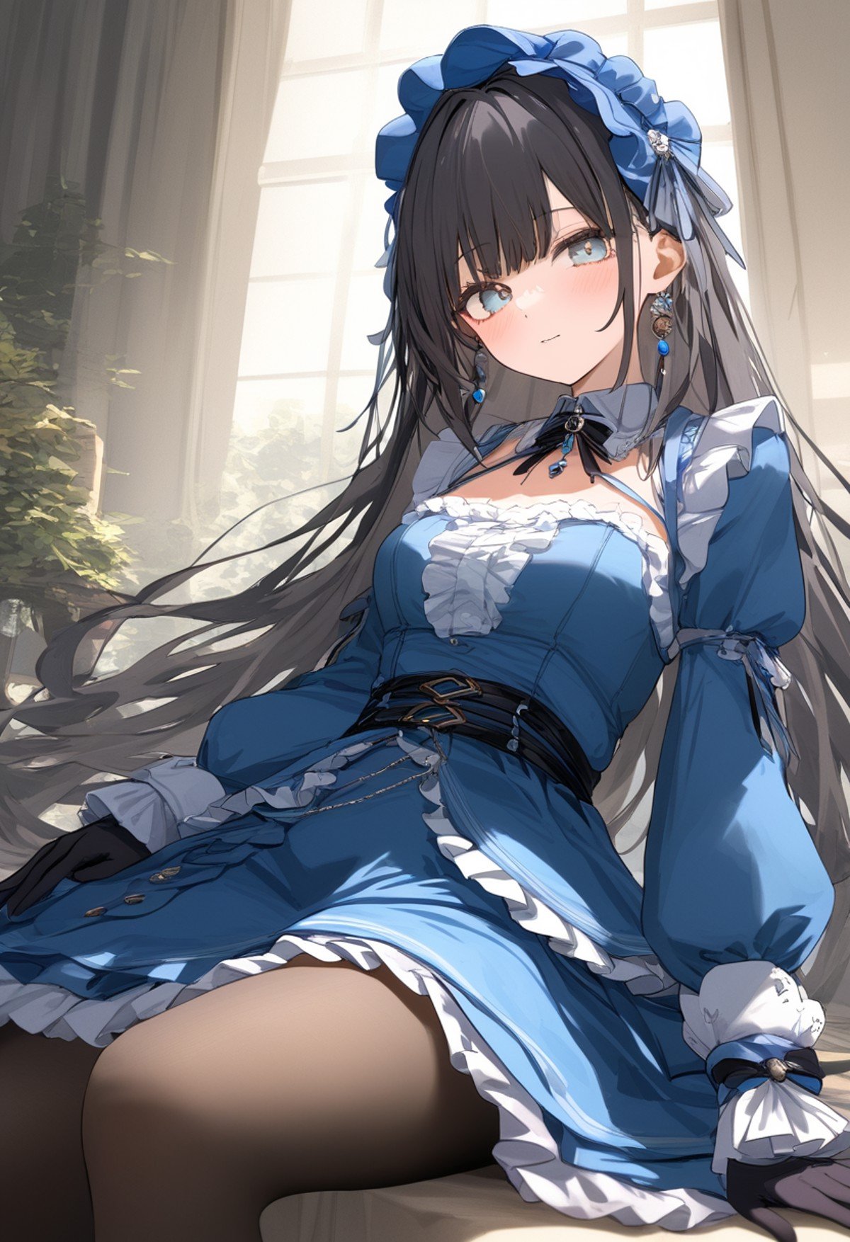 1girl,solo,long hair,blue dress,frills,pantyhose,gloves,looking at viewer,jewelry,bangs,lolita_fashion,newest,very aesthetic,highly detailed,best quality,absurdres,detailed,HDR,natural light,