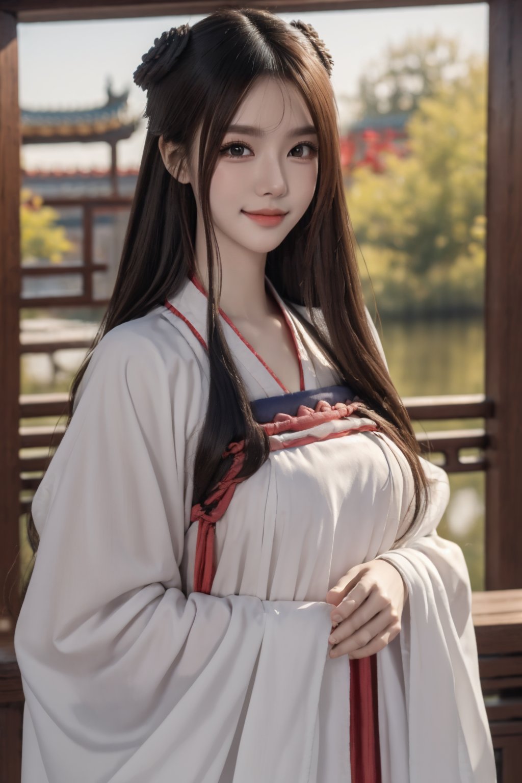 facing viewer,pov,masterpiece,best quality,highly detailed,Amazing,finely detail,extremely detailed CG unity 8k wallpaper,score:>=60,gufenghanfu,1girl,smile,looking at viewer,white dress,hanfu,long sleeves,wide sleeves,standing,<lora:lihua1-000006:0.7>,upper body,large breasts,<lora:capricornus _前任回忆录_V2.5:0.7>,