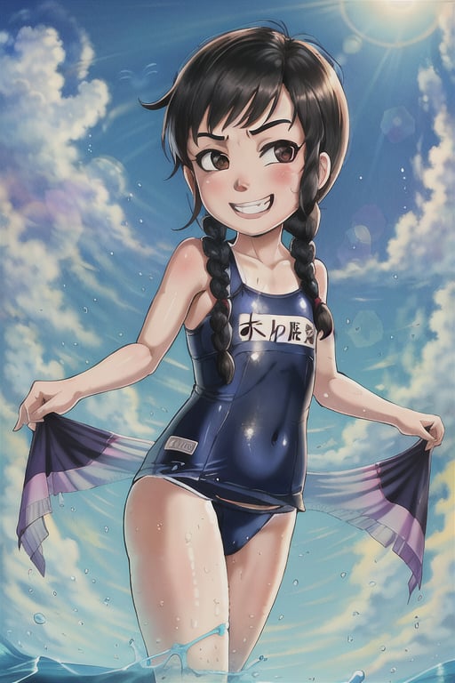 masterpiece, best quality, solo, mesugaki, little girl,wading, black hair,single braid,  looking at viewer, grin, brown eyes,swimsuit,   <lora:shagbase:0.8>