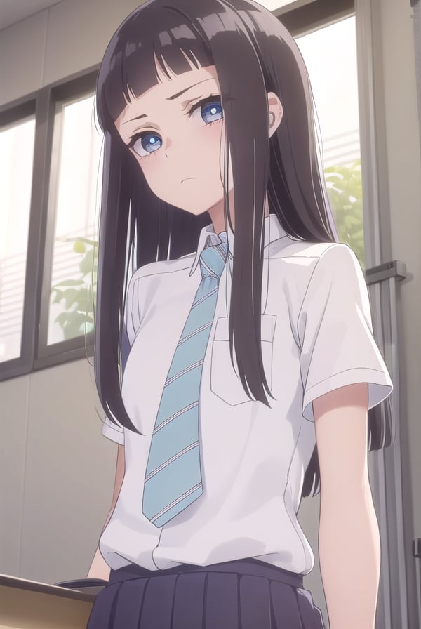 rikasonezaki, <lora:rika sonezaki s1-lora-nochekaiser:1>,rika sonezaki, long hair, black hair, (grey eyes:1.3), bangs, blunt bangs, sidelocks, (forehead:1.2),BREAK skirt, shirt, school uniform, white shirt, short sleeves, necktie, striped, collared shirt, shirt tucked in, striped necktie,BREAK indoors, classroom,BREAK looking at viewer, (cowboy shot:1.5),BREAK <lyco:GoodHands-beta2:1>, (masterpiece:1.2), best quality, high resolution, unity 8k wallpaper, (illustration:0.8), (beautiful detailed eyes:1.6), extremely detailed face, perfect lighting, extremely detailed CG, (perfect hands, perfect anatomy),