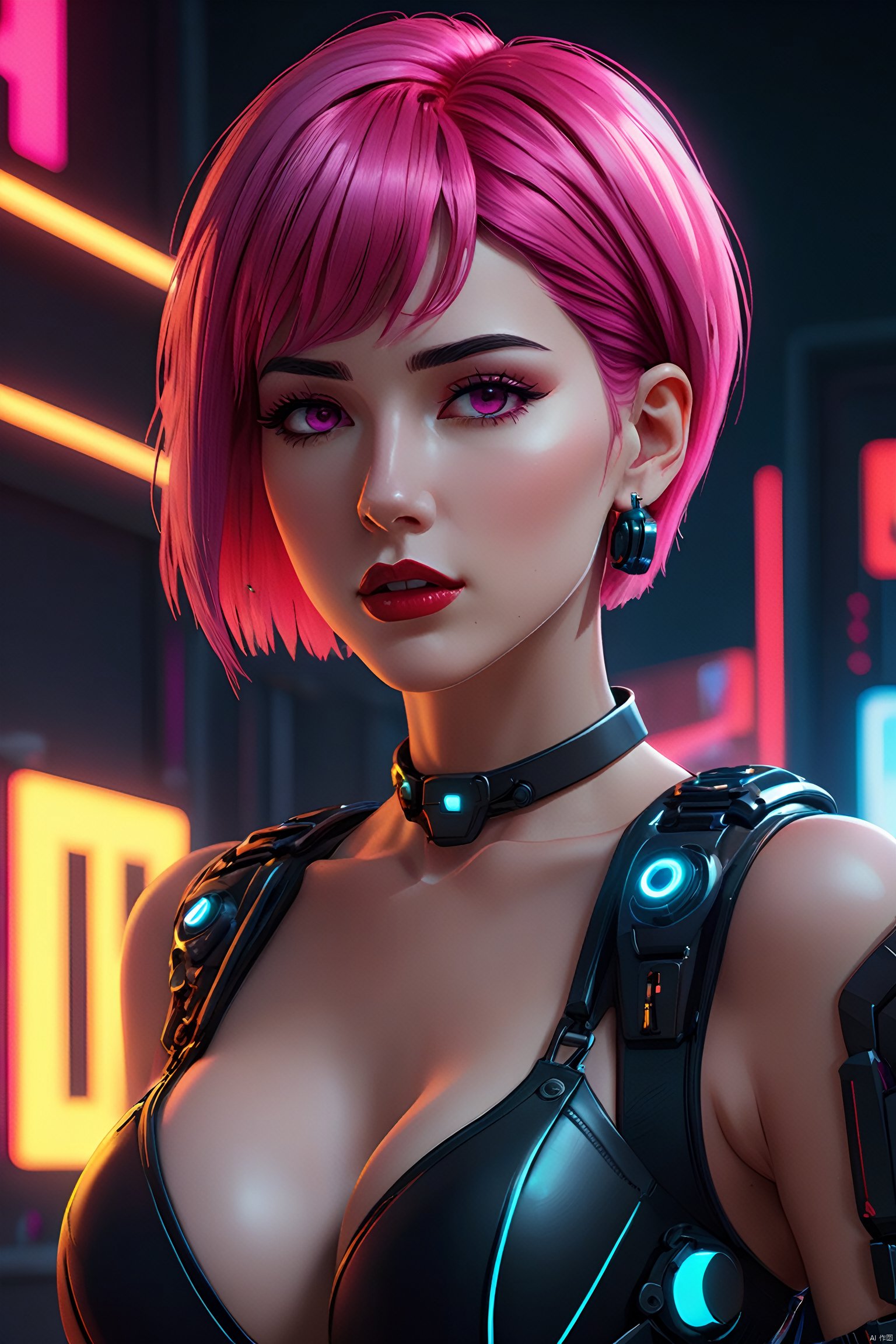 Anime Artwork Lucy (Cyberpunk),  Pink Short Hair,  Pink Eyes,  Red Lips,  Leather Skirt,  Punk Stud Earrings,  Bossy,  Brave,  Key Visual,  Vibrant,  High Detailed,  Illustration,  Short Straight Hair,  Futuristic,  NFT Art,  Solid Color Background,  Robotic Arm,  Cartoon Coloring,  Tendal Effect. Non-Realistic Rendering Transparency,  Color Tilt,  Animation,  Blender Geometry Art,  Intrlligence 4k Image,  Epic,  Cinematic Effects,  Neon Cold Pounding,  Octane Rendering,  OC,  8k