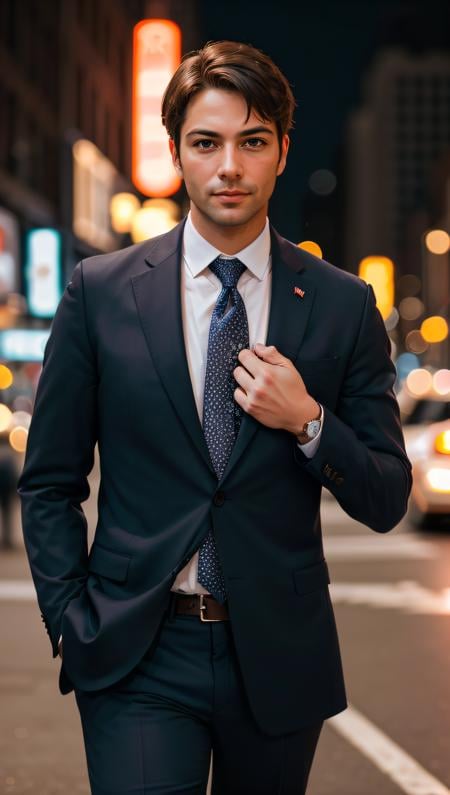 (best quality, masterpiece, hyper realistic) 1 elegant business man, photography, man in New York city, ultra high details, dim light, dawn, bokeh background, perfect night