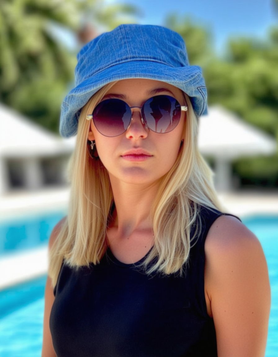 best quality, 4K, 8K, high-resolution, masterpiece, ultra-detailed, photorealistic,  a beautiful blonde woman wearing sunglasses and a denim hat by the pool at a resort in mexico, woman, long hair, looking at viewer, shirt, blonde hair, hat, closed mouth, jewelry, upper body, outdoors, earrings, sleeveless, blurry, black shirt, tree, lips, sleeveless shirt, blurry background, sunglasses, blue headwear, palm tree, realistic,