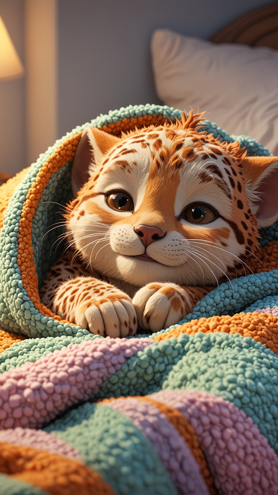 Cute cartoon style of a adorable little colourful Cheeter, snuggled, curled up, smiling, sleeping with a little blanket, tiny bedroom, on a bed under the blanket, ethereal, soft, detailed, iridescent scales, beautiful, cosy, cute, Pixar, snoozing, 3D render, UHD