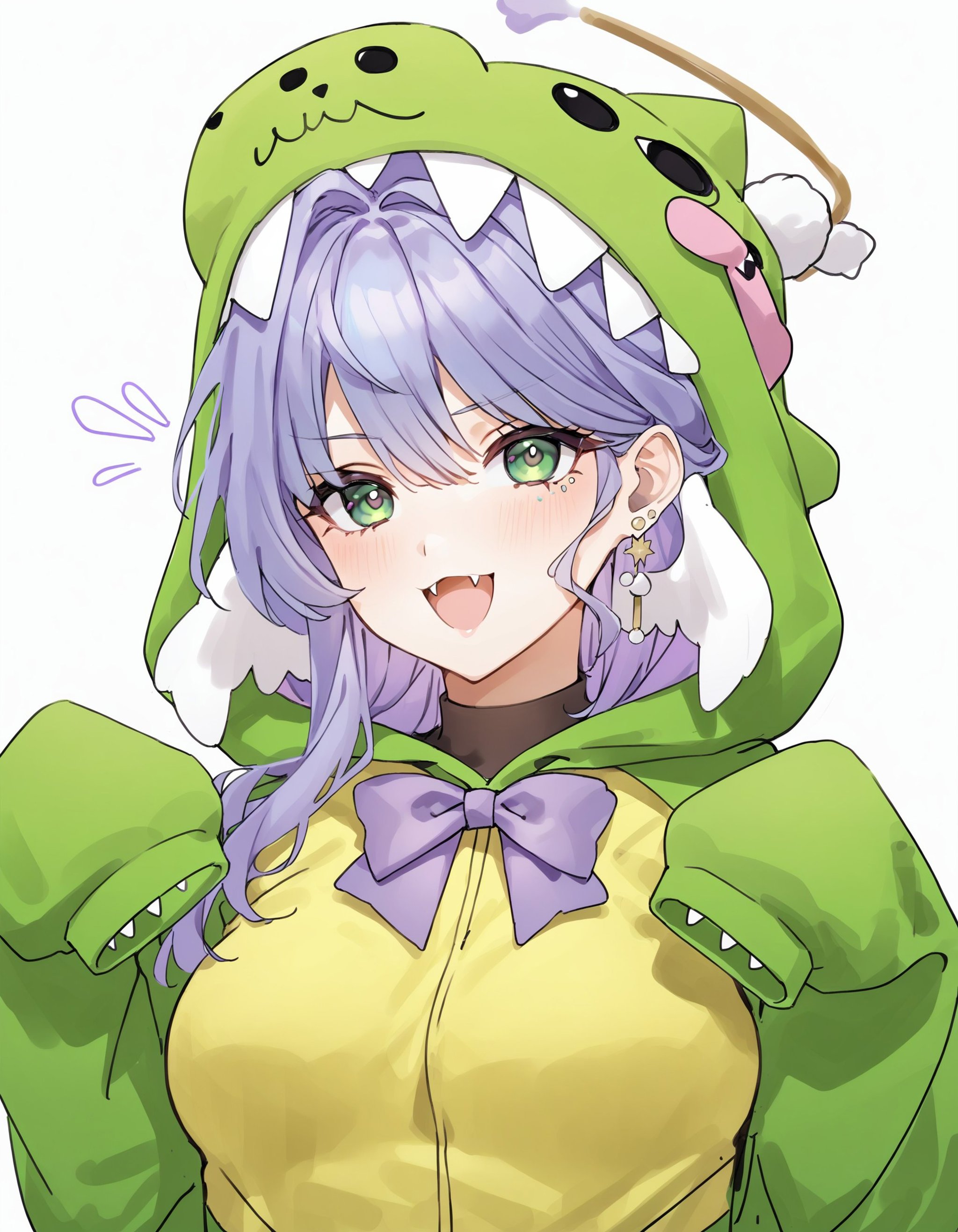 1girl, Robin, solo, breasts, looking at viewer, blush, smile, open mouth, bangs, simple background, white background, bow, jewelry, green eyes, blue hair, upper body, purple hair, earrings, fang, virtual youtuber, hood, bowtie, sleeves past wrists, skin fang, sleeves past fingers, purple bow, animal costume, <lora:5ebb583e-b819-44e8-9574-1d479198ab37:0.7>