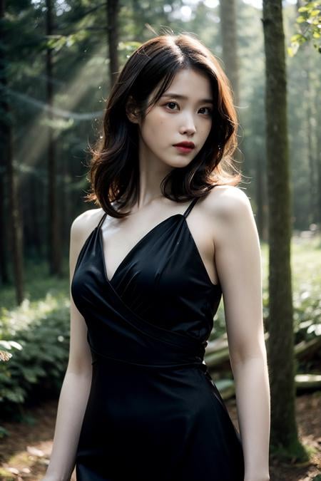 (realistic), (hyperrealism),best quality, masterpiece,ultra high res, (photorealistic:1.4),1girl,pale skin,skinny,(looking at viewer), <lora:add_detail:0.6>,forest, sun ray,<lora:makina69_iu_v2.0:0.9>   , black dress ,  cowboy shot