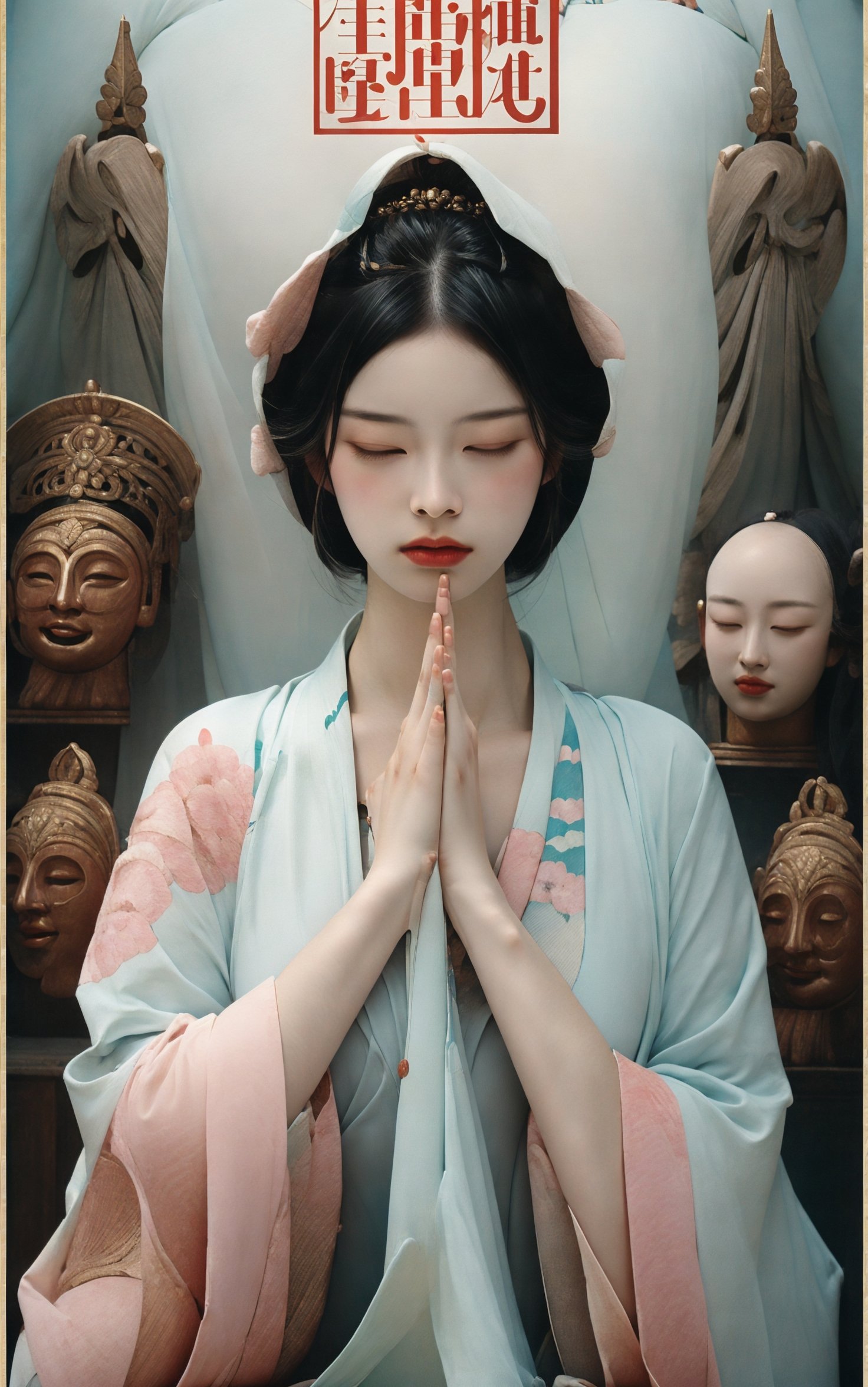 a woman meditating in front of lots of masks, in the style of zhang jingna, photomontage, hirohiko araki, oriental, sergio toppi, theatrical, poster art， <lora:绪儿已成精-佛:0.8>