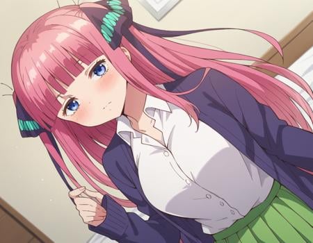 score_9, score_8_up, score_7_up, source_anime,ninonakano, <lora:nino-nakano-s1-ponyxl-lora-nochekaiser:1>,nino nakano, long hair, bangs, blue eyes, hair ornament, hair ribbon, pink hair, blunt bangs, two side up, butterfly hair ornament, mature female,skirt, shirt, long sleeves, white shirt, pleated skirt, open clothes, collared shirt, sleeves past wrists, dress shirt, cardigan, green skirt, open cardigan, black cardigan,indoors, bed, bed room, on side, blush, drunk,looking at viewer, cowboy shot, dutch angle, solo,