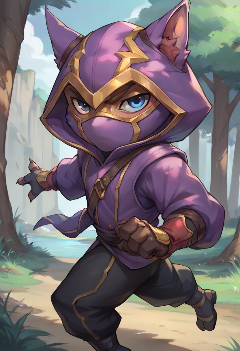 score_9, score_8_up, score_7_up, score_6_up, 1boy, solo, k3nn3n, hood, mask, yordle, solo, 1boy, male focus, hood up, blue eyes, pants, gloves, outdoors, looking at viewer, solo, from side, <lora:Kennen_Default_v2-000028:0.6>