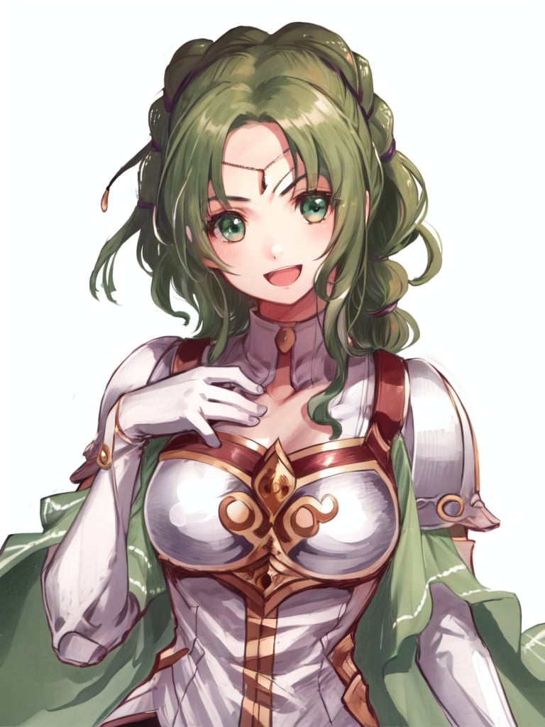 <lora:Larachel_FE-10:1>, larachel fe, 1girl, solo, long hair, breasts, looking at viewer, smile, open mouth, at a cafe, gloves, upper body, elbow gloves, white gloves, cape, armor, hand on own chest, circlet, breastplate