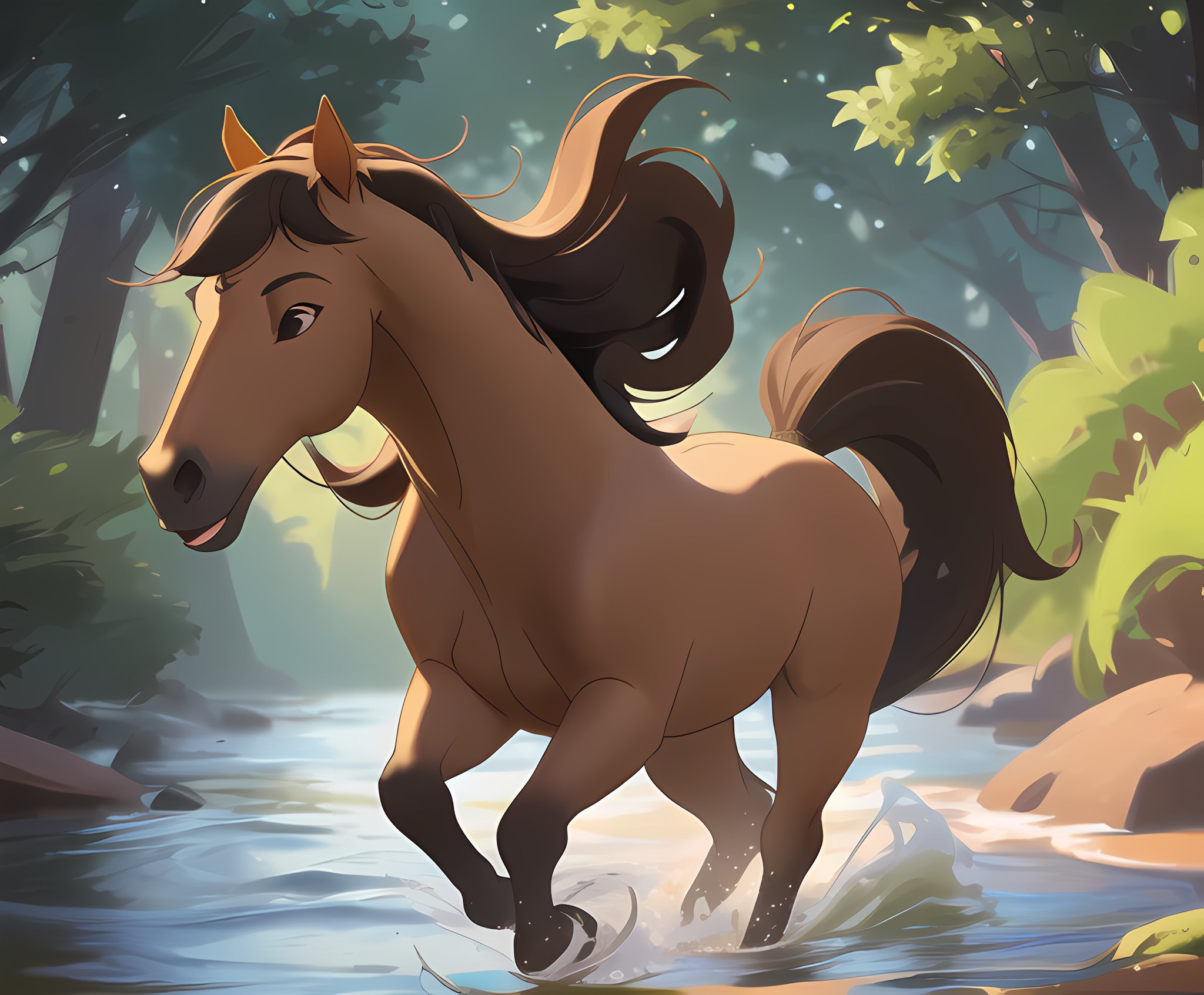 <lora:spirit2002:0.6>, 1horse, buckskin coloured horse with a black mane without white spots with a dark brown nose, a black tail, and brown eyes, running, sun shining, in the river, Soft Lighting, 8k, photorealistic, UHD, HDR, sideview, view from the side, (best quality, masterpiece)