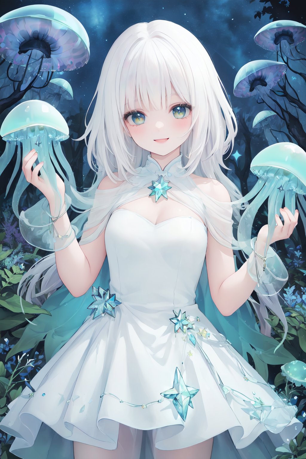 (masterpiece, best quality, ultra detailed), ((magical forest)), ((Jellyfish forest, rich colors, white hair, smile,<lora:more_details:0.5>,starrystarscloudcolorful, crystal dress))