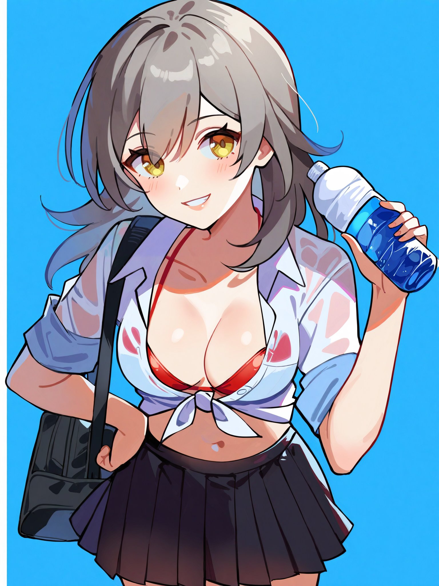 <lora:XL_Stelle(pony):1>,stelle,1girl,long gray hair,yellow eyes,xing costume,1girl, solo,skirt, breasts,necktie, navel, hand on hip, smile, bag, bottle, shirt,bikini, pleated skirt, medium breasts, looking at viewer, water bottle, swimsuit, school bag, school uniform, simple background, tied shirt, cleavage, see-through, blue neckwear, collarbone, blue background, bikini under clothes, bikini top, cowboy shot, bra, black skirt, open shirt, midriff, short sleeves, blush, open clothes, front-tie top, bangs, standing,white shirt, red bikini, underwear, score_9,score_8_up,score_7_up, source_anime,