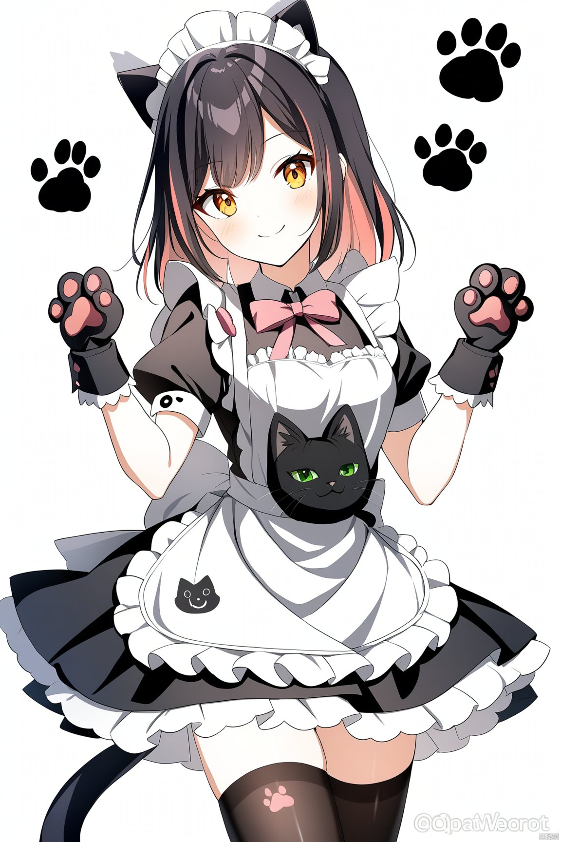 1girl, multiple colored hairs, maid, black cat tail, smile, black thighhigh, paw posing, paw, paw stamps, paw stamps, paw stamps