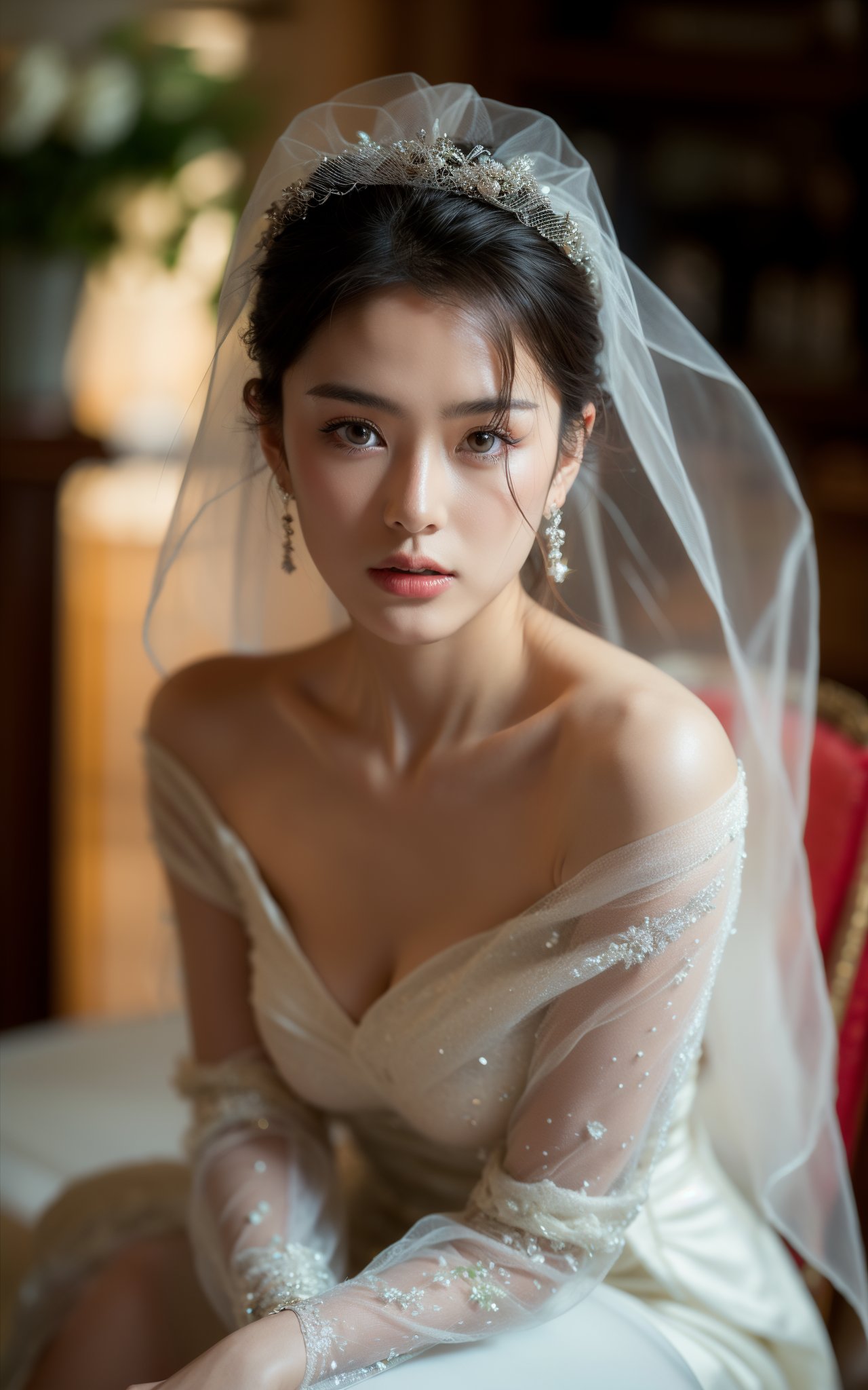 Ultra-realistic 8k CG,masterpiece,best quality,(photorealistic:1.4),HDR,absurdres,Professional,RAW photo,lens flare,(film grain:1.1),Bokeh,((Depth of field)),studio light,a woman in a wedding dress with a veil on her head and flowers,sitting on a chair,1girl,black_hair,veil,white_dress,bouquet,earrings,looking_at_viewer,solo,Highly detailed,Professional,extreme detail description;,