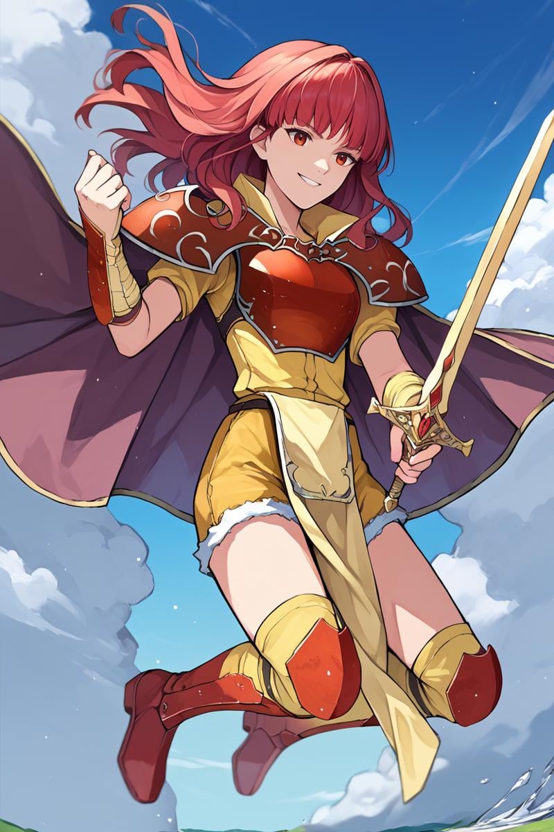 score_9, score_8_up, score_7_up, score_6_up, source_anime, BREAK 1girl, solo, <lora:fecelica-pdxl-nvwls-v1-000005:1> brvCeli, red hair, red eyes, cape, red armor, yellow dress, pelvic curtain, yellow shorts, red boots, jumping, smirk, blue sky, holding sword, blue sky, clouds