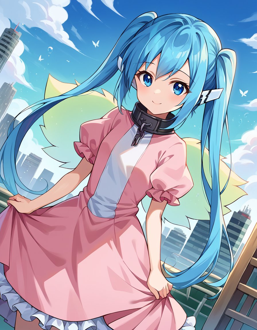 score_9, score_8_up, score_7_up, source_anime,otoshimononymph, <lora:otoshimono-nymph-ponyxl-lora-nochekaiser:1>,nymph, blue eyes, blue hair, long hair, long twintails, robot ears, twintails, two side up, wings,dress, pink dress, frilled dress, short sleeves,outdoors, cityscape, smile,looking at viewer, cowboy shot, dutch angle, solo,